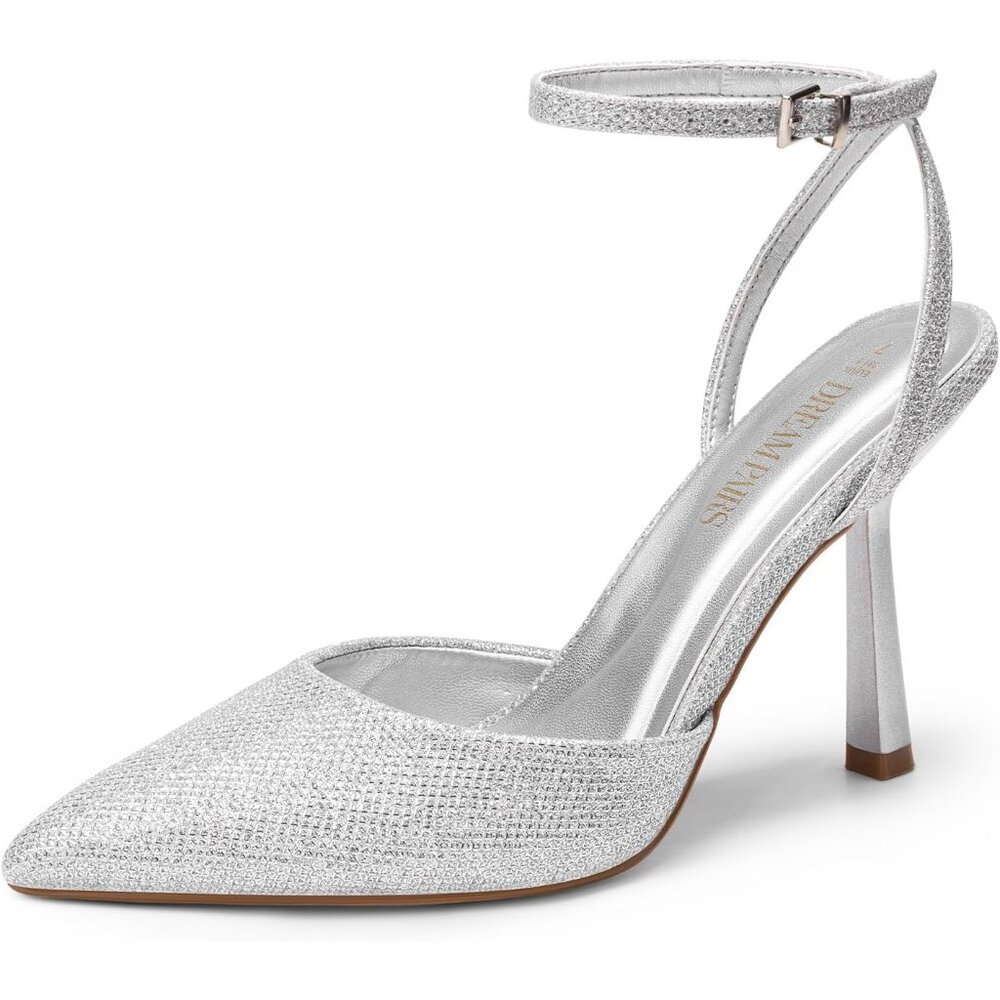 Women Silver High Heels Closed Pointed Toe Dress Ankle Strap Stiletto Heel Party